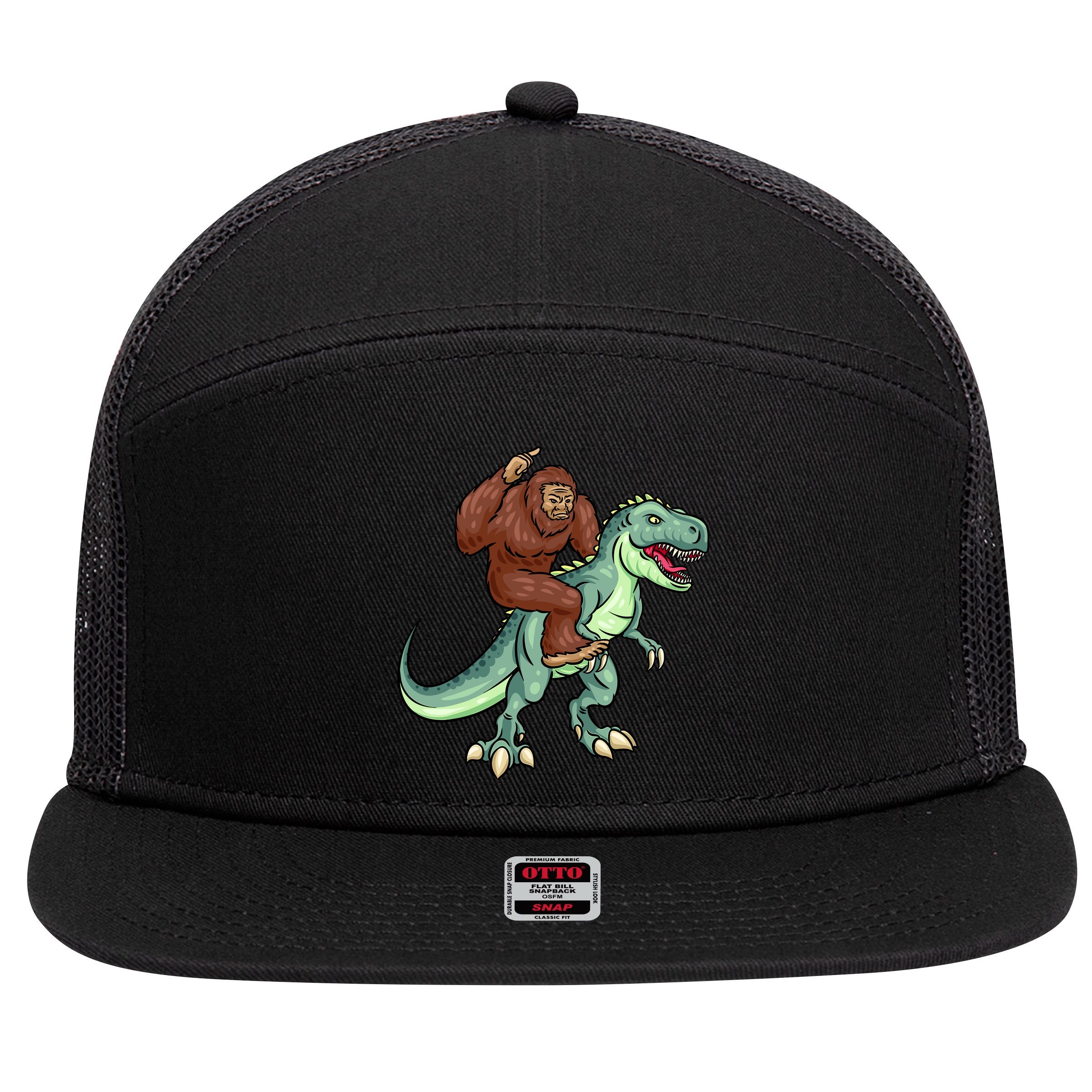 Funny Bigfoot Riding T Rex Funny Bigfoot Dinosaur 7 Panel Mesh Trucker Snapback Hat