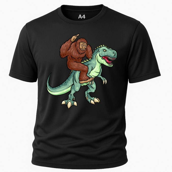 Funny Bigfoot Riding T Rex Funny Bigfoot Dinosaur Cooling Performance Crew T-Shirt
