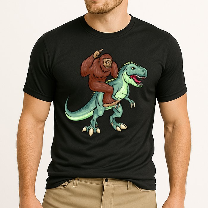 Funny Bigfoot Riding T Rex Funny Bigfoot Dinosaur Cooling Performance Crew T-Shirt