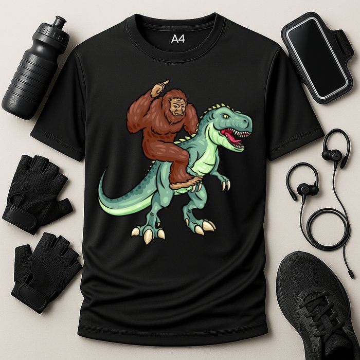 Funny Bigfoot Riding T Rex Funny Bigfoot Dinosaur Cooling Performance Crew T-Shirt