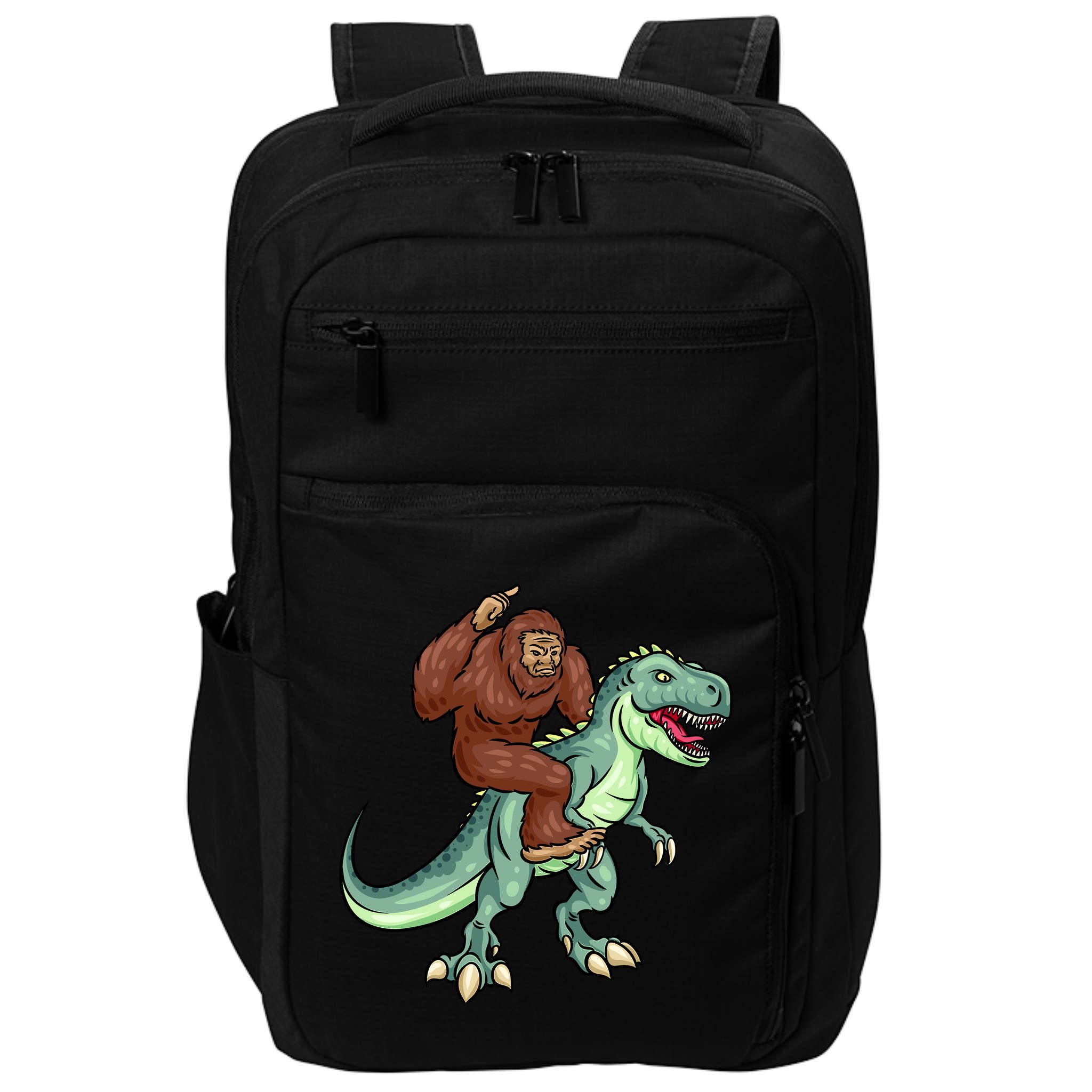 Funny Bigfoot Riding T Rex Funny Bigfoot Dinosaur Impact Tech Backpack