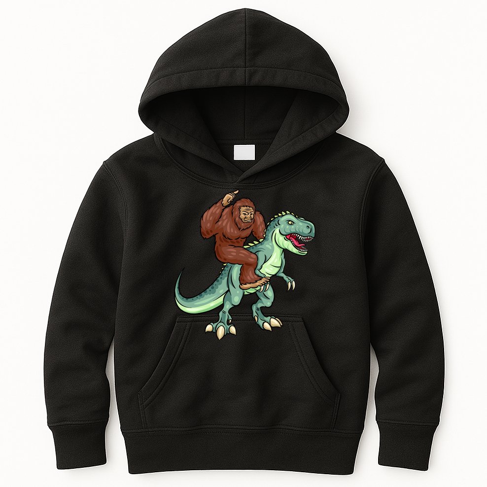 Funny Bigfoot Riding T Rex Funny Bigfoot Dinosaur Kids Hoodie