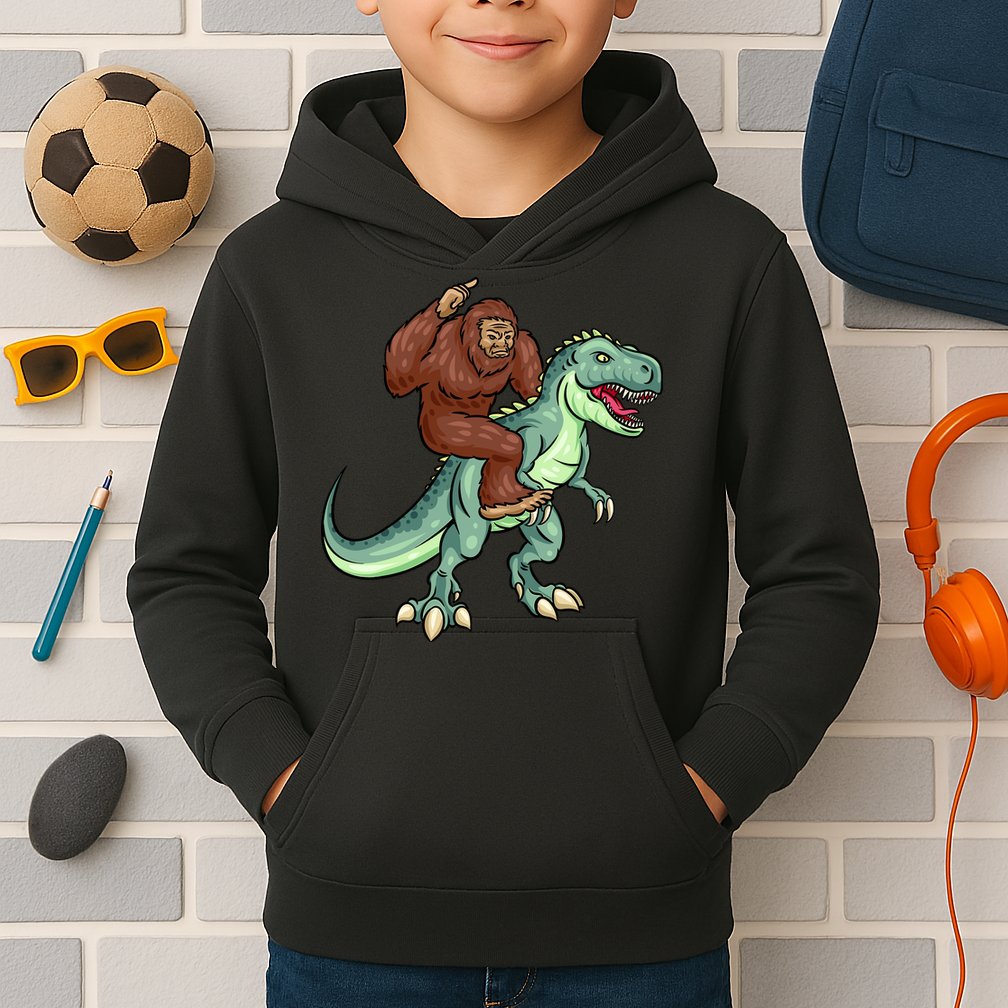 Funny Bigfoot Riding T Rex Funny Bigfoot Dinosaur Kids Hoodie