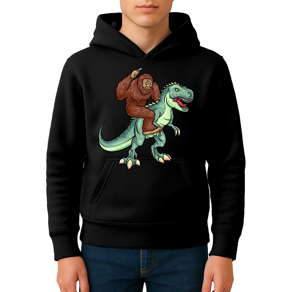 Funny Bigfoot Riding T Rex Funny Bigfoot Dinosaur Kids Hoodie