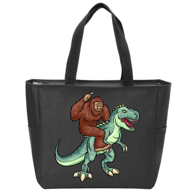 Funny Bigfoot Riding T Rex Funny Bigfoot Dinosaur Zip Tote Bag