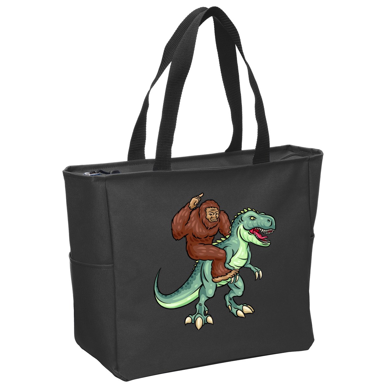 Funny Bigfoot Riding T Rex Funny Bigfoot Dinosaur Zip Tote Bag