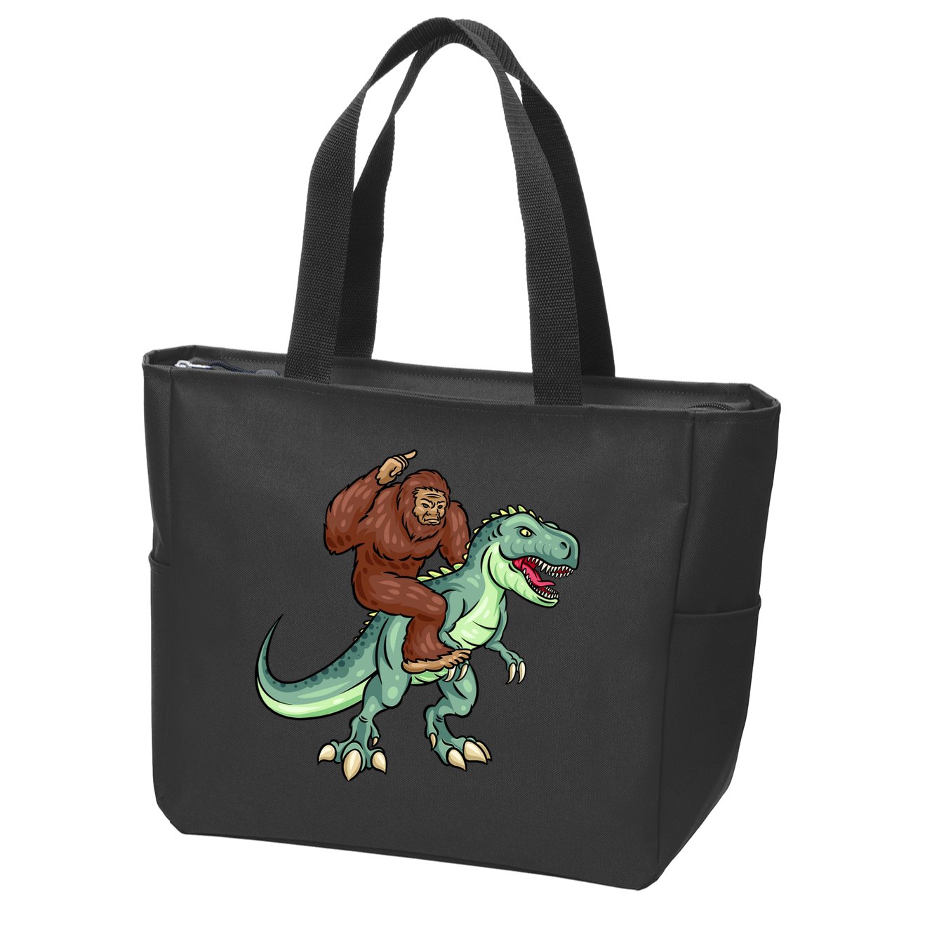 Funny Bigfoot Riding T Rex Funny Bigfoot Dinosaur Zip Tote Bag