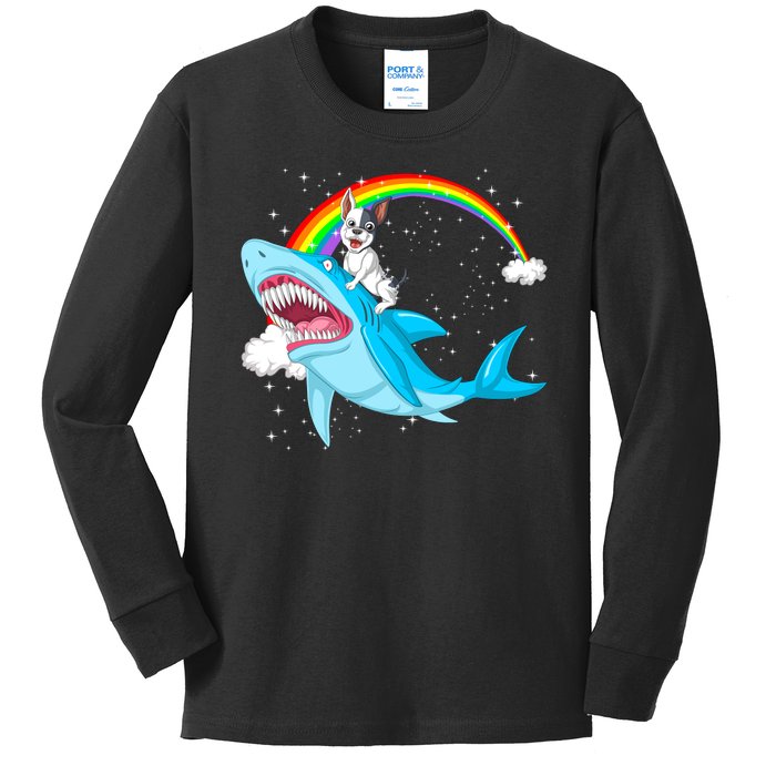 French Bulldog Riding Shark Kids Long Sleeve Shirt