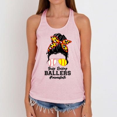 Funny Busy Raising Ballers #Mom Of Both Women's Knotted Racerback Tank