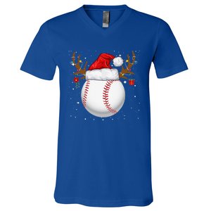 Funny Baseball Reindeer Santa Hat Christmas Holiday Gifts V-Neck T-Shirt