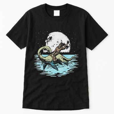 Funny Bigfoot Riding Nessie Loch Ness Monster & Full Moon Tall T-Shirt