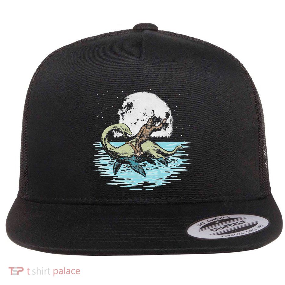 Funny Bigfoot Riding Nessie Loch Ness Monster & Full Moon Flat Bill Trucker Hat