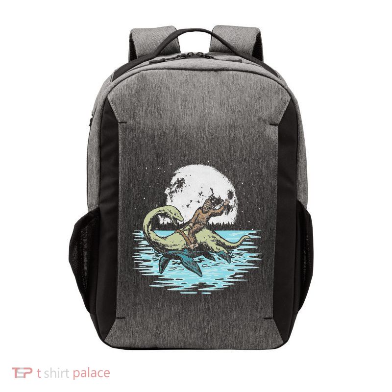 Funny Bigfoot Riding Nessie Loch Ness Monster & Full Moon Vector Backpack