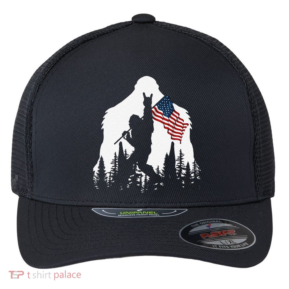 Funny Bigfoot Rock On Hold American Flag Sasquatch Believers Flexfit Unipanel Trucker Cap