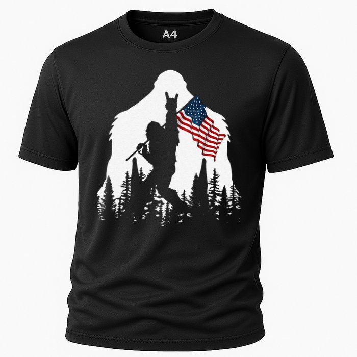 Funny Bigfoot Rock On Hold American Flag Sasquatch Believers Cooling Performance Crew T-Shirt