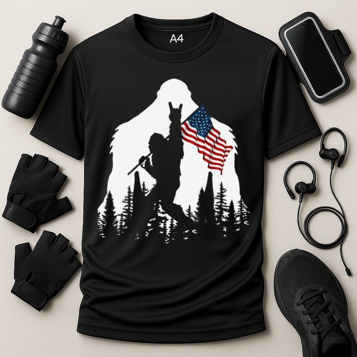 Funny Bigfoot Rock On Hold American Flag Sasquatch Believers Cooling Performance Crew T-Shirt