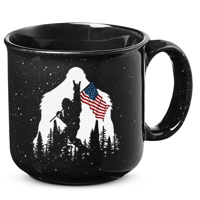 Funny Bigfoot Rock On Hold American Flag Sasquatch Believers 15oz Campfire Ceramic Mug