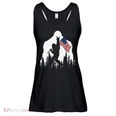 Funny Bigfoot Rock On Hold American Flag Sasquatch Believers Ladies Essential Flowy Tank