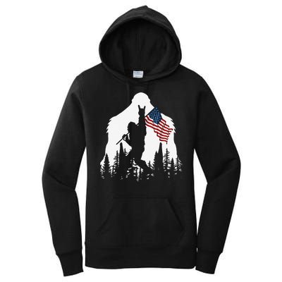 Funny Bigfoot Rock On Hold American Flag Sasquatch Believers Women's Pullover Hoodie