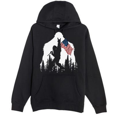 Funny Bigfoot Rock On Hold American Flag Sasquatch Believers Premium Pullover Hoodie