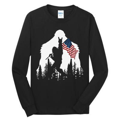 Funny Bigfoot Rock On Hold American Flag Sasquatch Believers Tall Long Sleeve T-Shirt