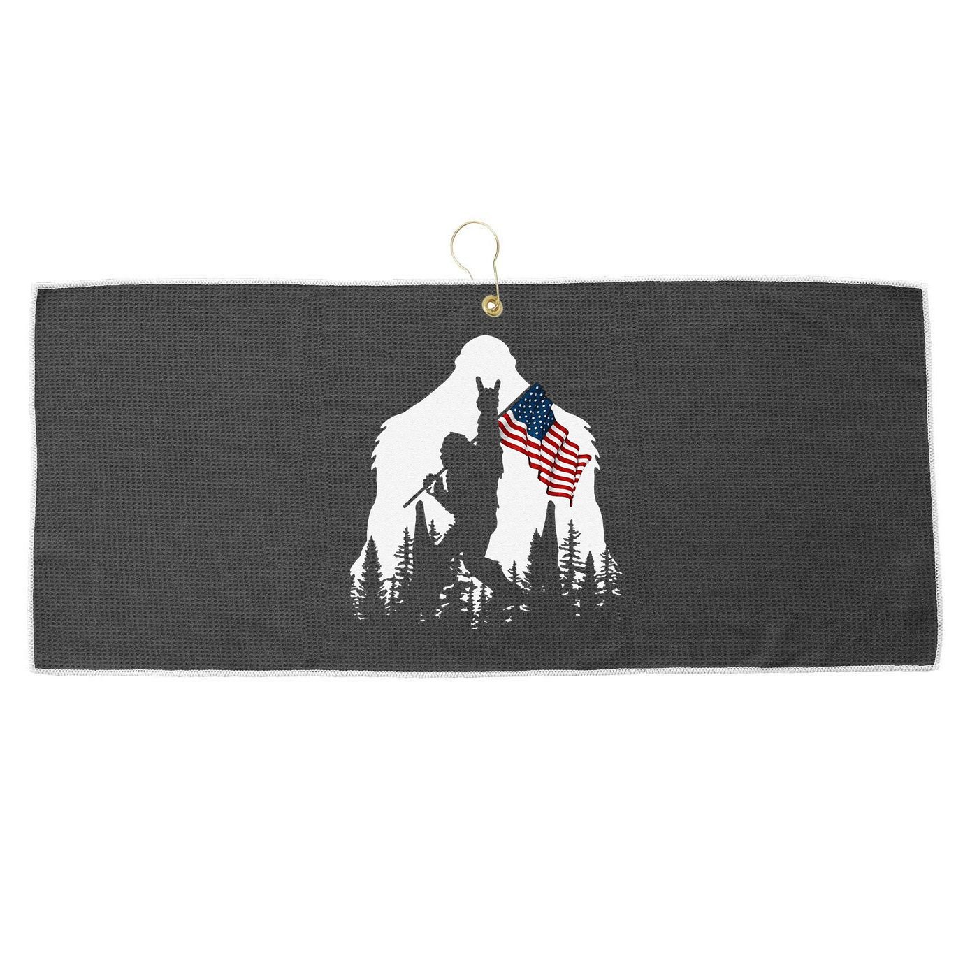Funny Bigfoot Rock On Hold American Flag Sasquatch Believers Large Microfiber Waffle Golf Towel