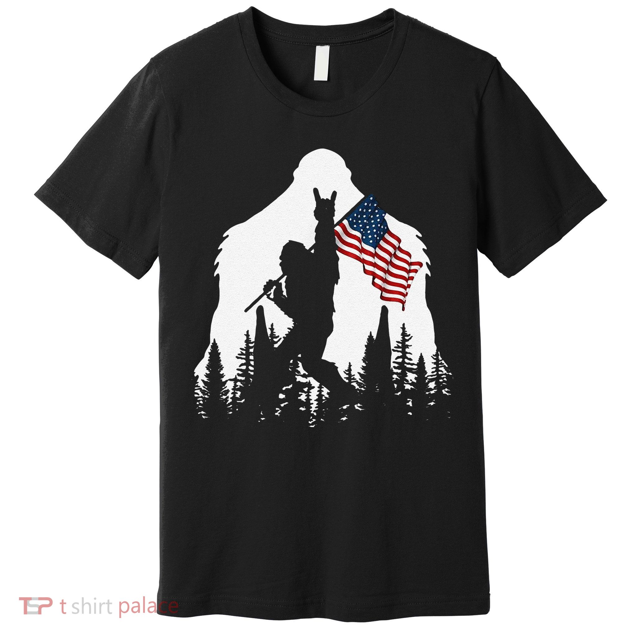 Funny Bigfoot Rock On Hold American Flag Sasquatch Believers Premium T-Shirt