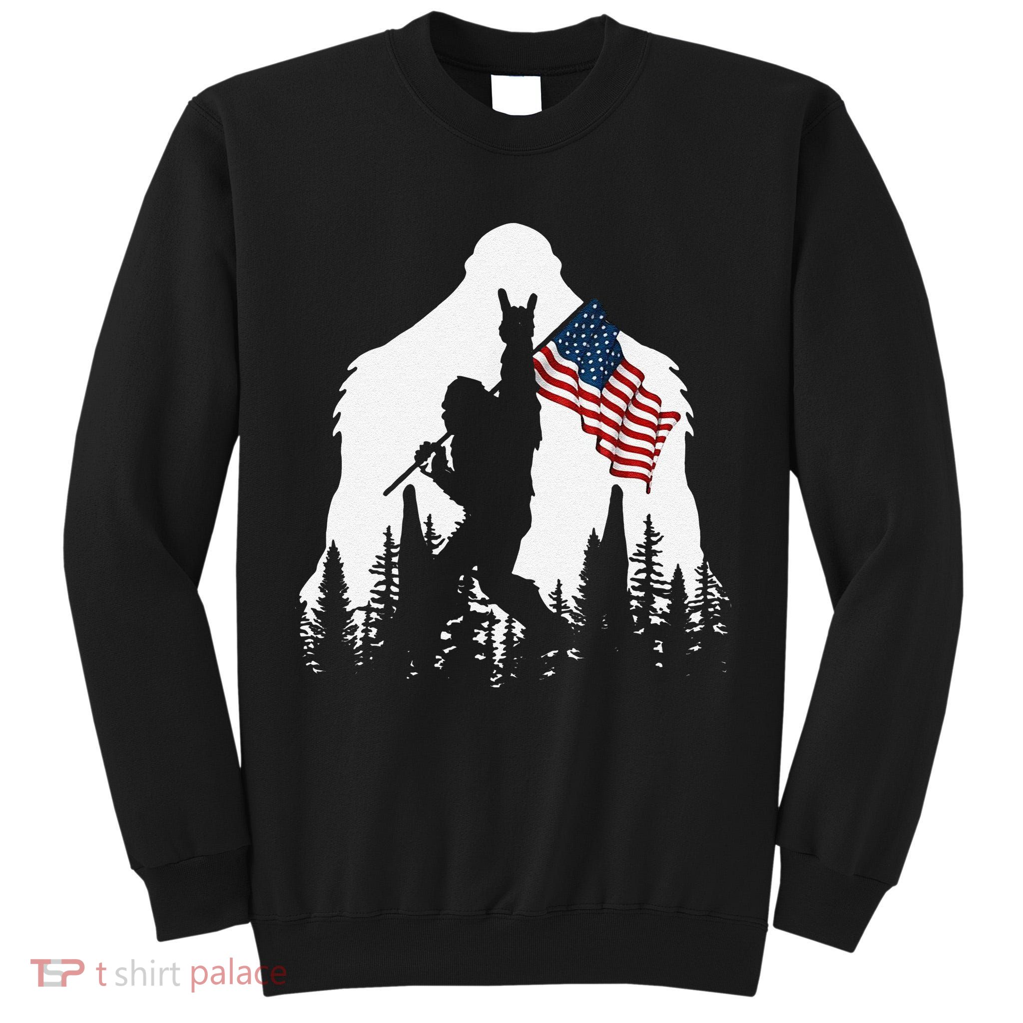 Funny Bigfoot Rock On Hold American Flag Sasquatch Believers Tall Sweatshirt