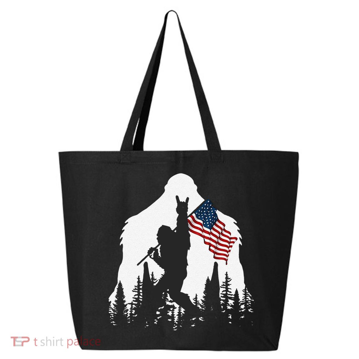 Funny Bigfoot Rock On Hold American Flag Sasquatch Believers 25L Jumbo Tote