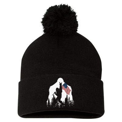 Funny Bigfoot Rock On Hold American Flag Sasquatch Believers Pom Pom 12in Knit Beanie