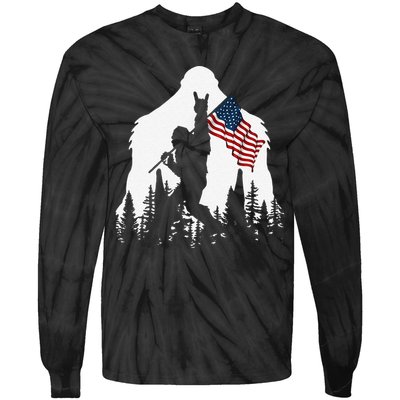 Funny Bigfoot Rock On Hold American Flag Sasquatch Believers Tie-Dye Long Sleeve Shirt