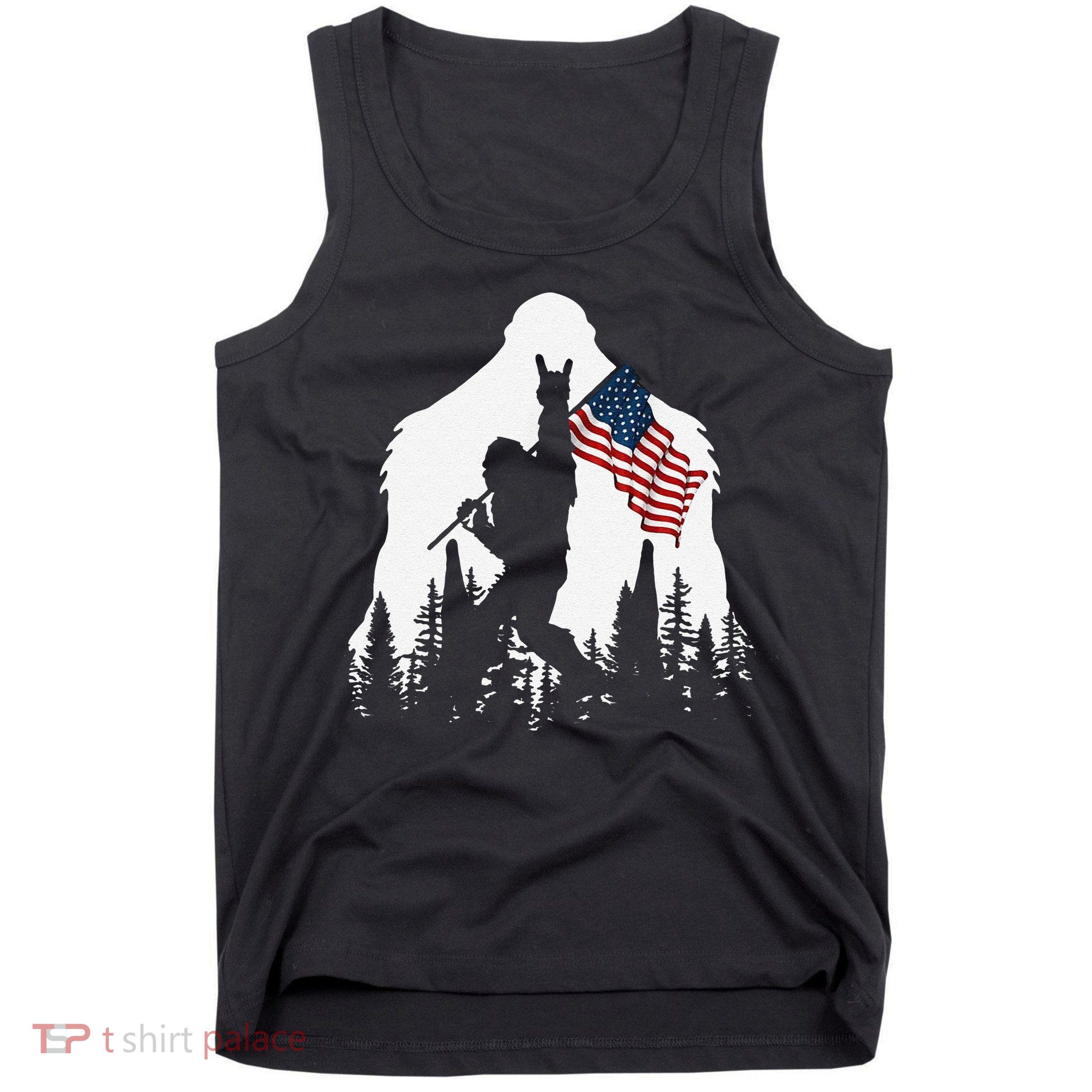 Funny Bigfoot Rock On Hold American Flag Sasquatch Believers Tank Top