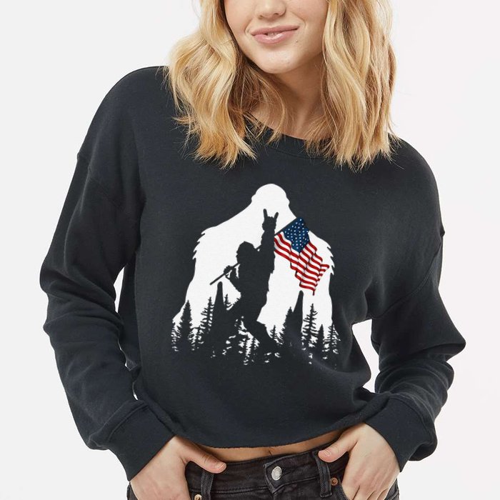 Funny Bigfoot Rock On Hold American Flag Sasquatch Believers Cropped Pullover Crew