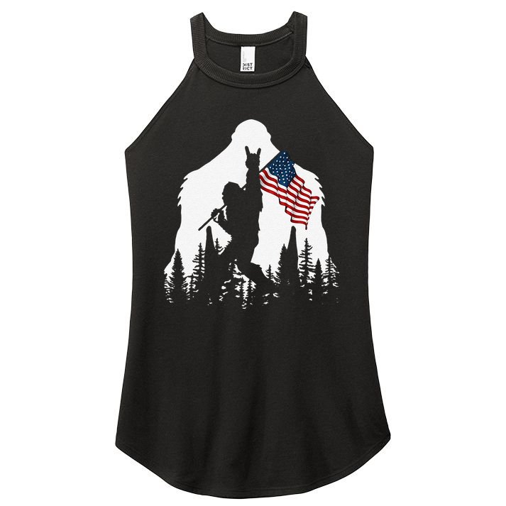 Funny Bigfoot Rock On Hold American Flag Sasquatch Believers Women's Perfect Tri Rocker Tank