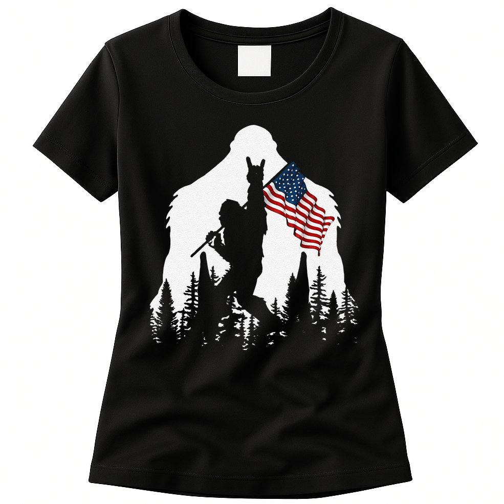 Funny Bigfoot Rock On Hold American Flag Sasquatch Believers Womens T-Shirt