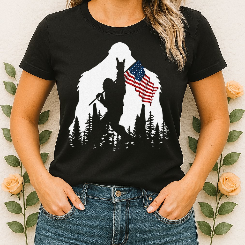 Funny Bigfoot Rock On Hold American Flag Sasquatch Believers Womens T-Shirt