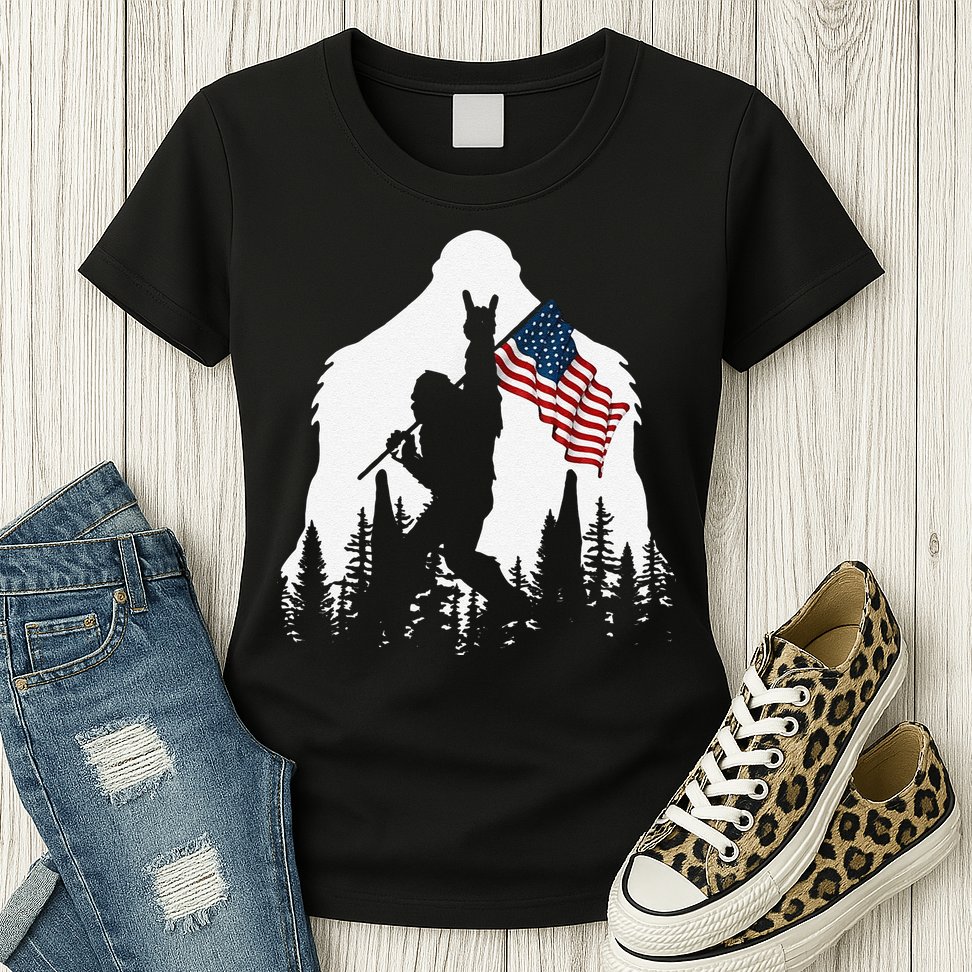 Funny Bigfoot Rock On Hold American Flag Sasquatch Believers Womens T-Shirt