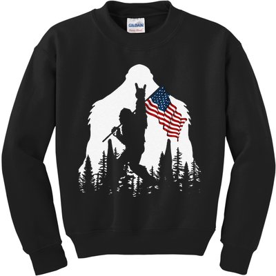 Funny Bigfoot Rock On Hold American Flag Sasquatch Believers Kids Sweatshirt