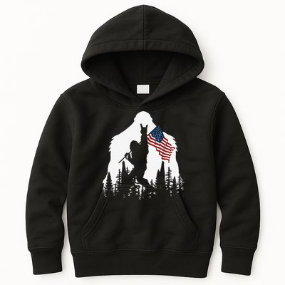 Funny Bigfoot Rock On Hold American Flag Sasquatch Believers Kids Hoodie