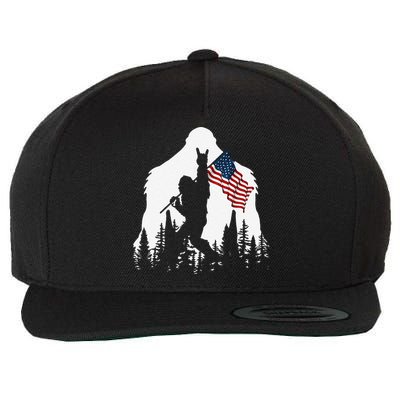 Funny Bigfoot Rock On Hold American Flag Sasquatch Believers Wool Snapback Cap