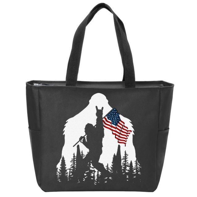 Funny Bigfoot Rock On Hold American Flag Sasquatch Believers Zip Tote Bag