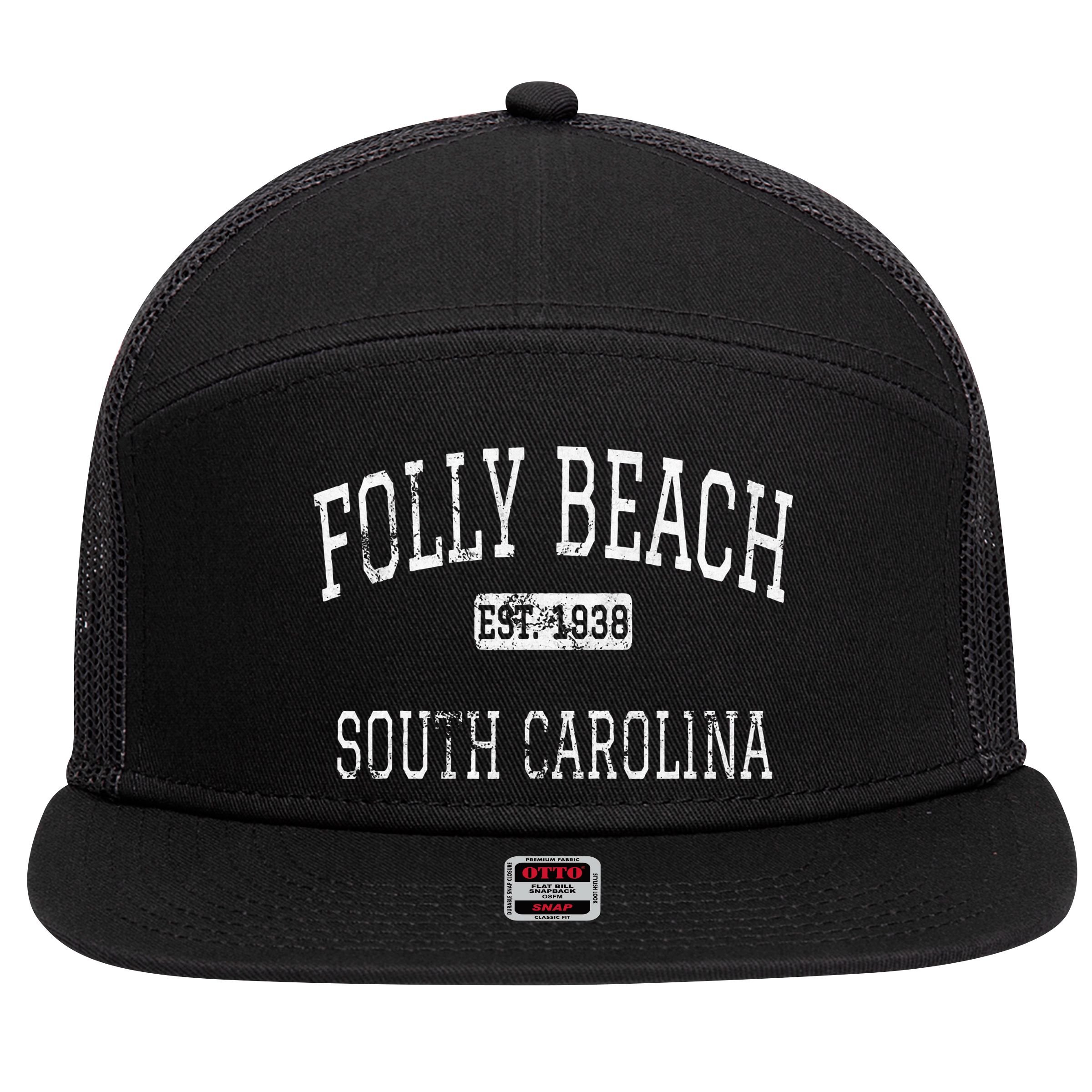 Folly Beach South Carolina Sc Vintage 7 Panel Mesh Trucker Snapback Hat