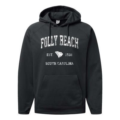 Folly Beach South Carolina Sc Vintage Athletic Sports Design Performance Fleece Hoodie