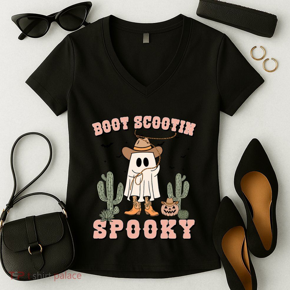 Funny Boot Scootin Spooky Cowboy Ghost Halloween Women's V-Neck T-Shirt
