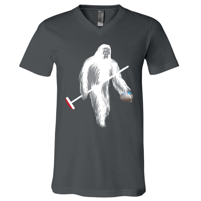 Funny Bigfoot Sasquatch Curling Cute Winter Gift V-Neck T-Shirt