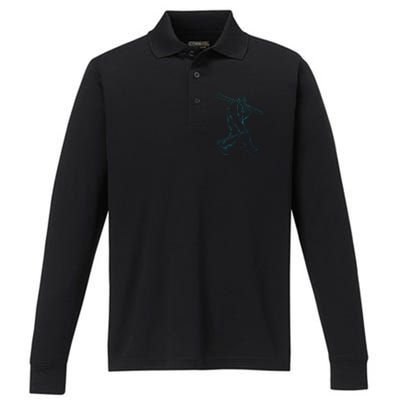 Funny Bigfoot Skiing Silhouette For Winter Ski Season Gift Performance Long Sleeve Polo