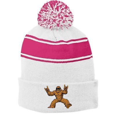 Funny Bigfoot Sasquatch Graphic Rock On Stripe Pom Pom Beanie