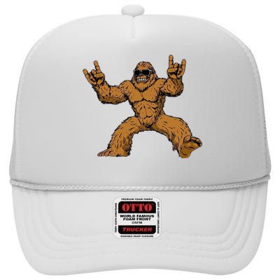 Funny Bigfoot Sasquatch Graphic Rock On High Crown Mesh Back Trucker Hat