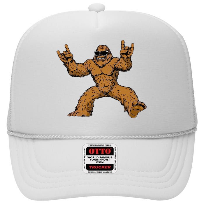 Funny Bigfoot Sasquatch Graphic Rock On High Crown Mesh Back Trucker Hat