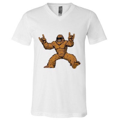 Funny Bigfoot Sasquatch Graphic Rock On V-Neck T-Shirt